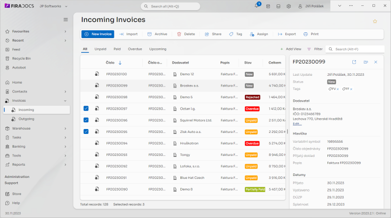 FiraDocs screenshot of the list of incoming invoices